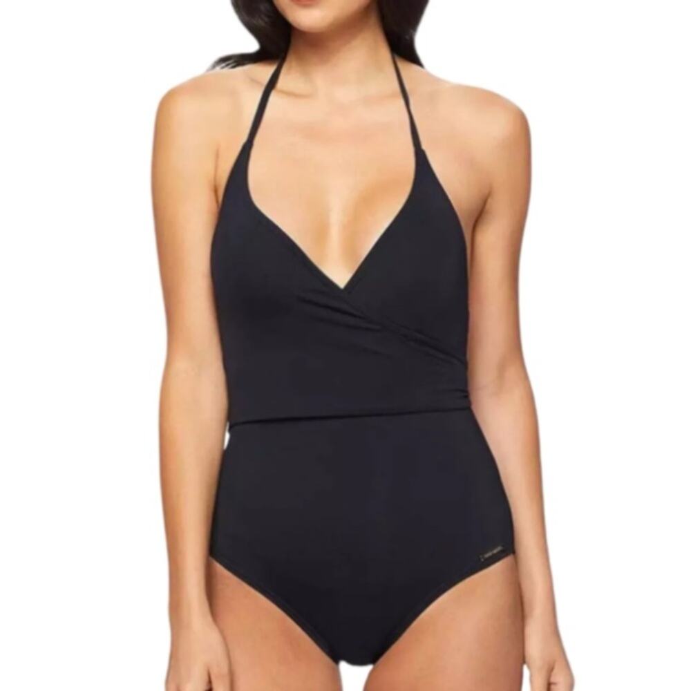 Vince Camuto V-Neck Wrap One-Piece Swimsuit - Black Size 12
